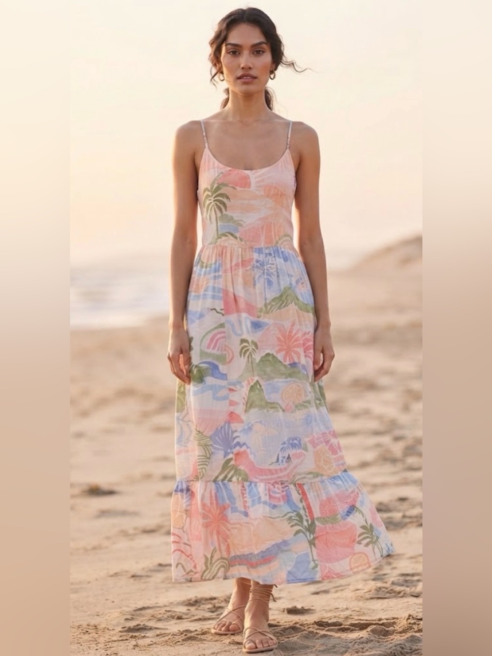 Paper Heart Landscape Print Tie-Back Maxi Dress Resort Wear Coastal Boho NWT